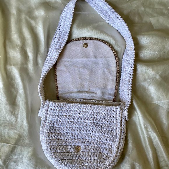 VTG Crochet Raffia Long strap Embroidered Floral Pouch Bag Purse - Picture 3 of 6